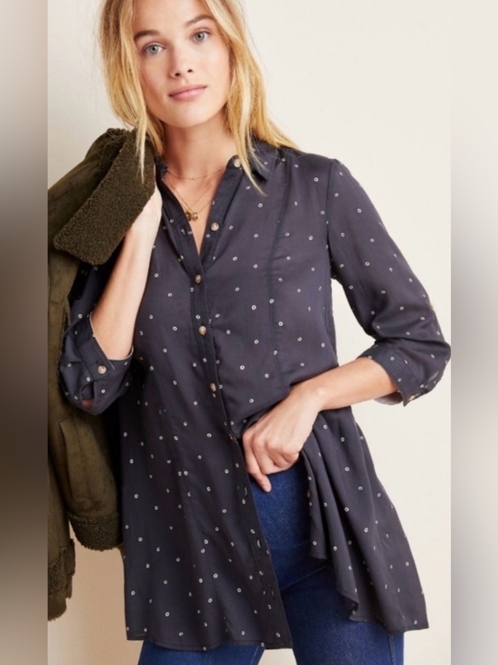 Maeve Anthropologie Dark Charcoal Eyelet Dot Button Front Tunic Blouse XS
